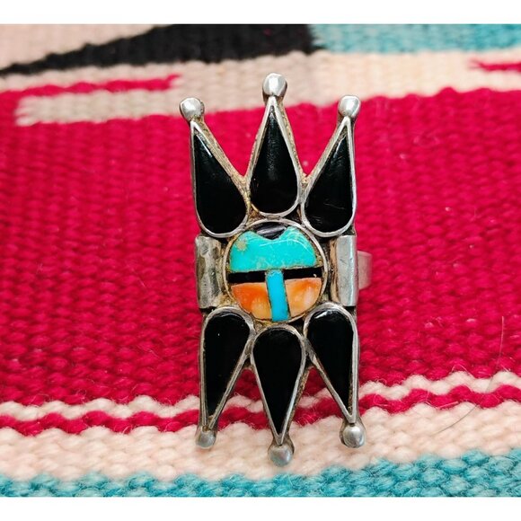 VTG Zuni Inlay Sun Face Ring Spiky Black Onyx Turquoise Coral Size 7 - Picture 1 of 7